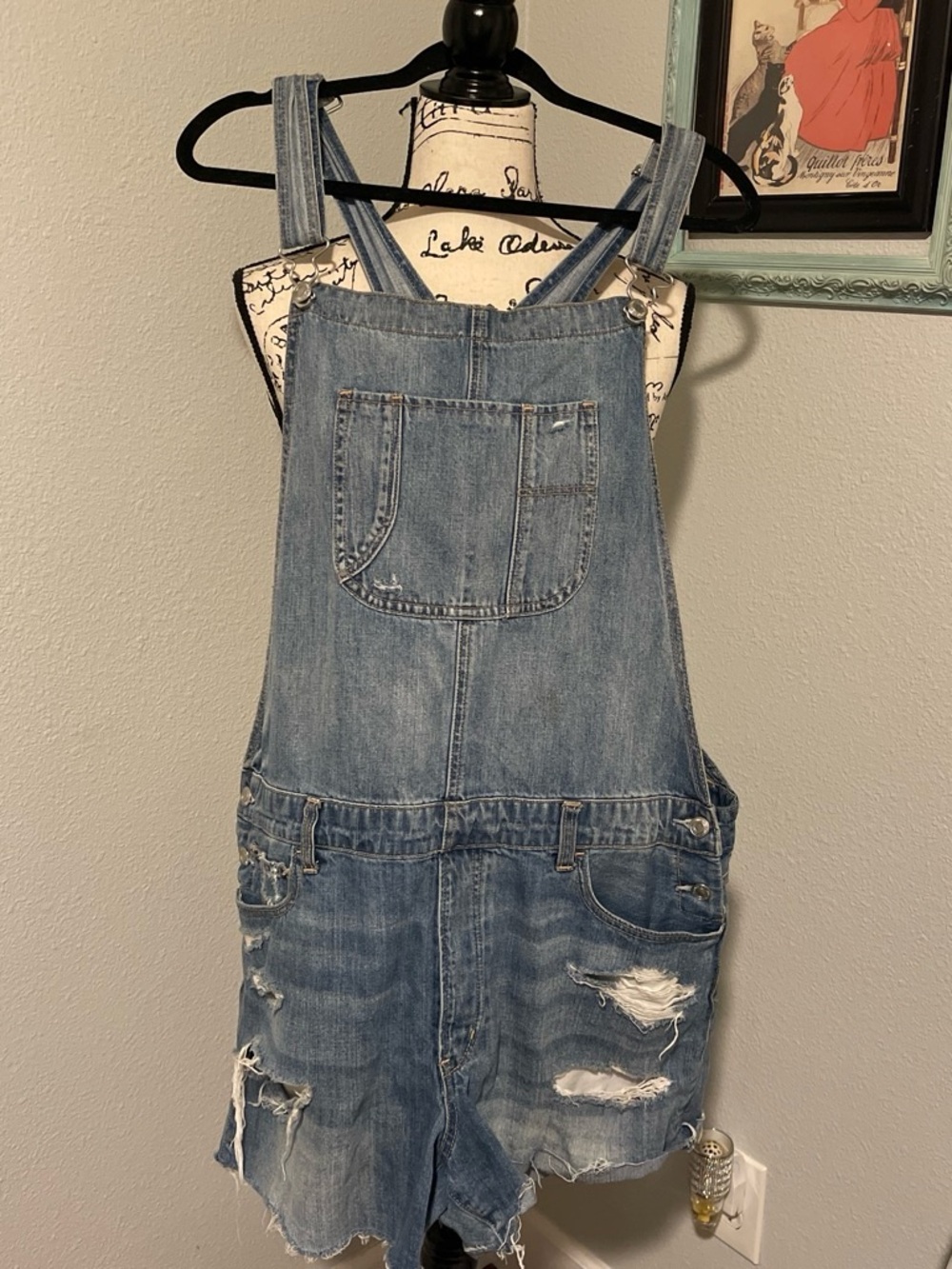 American Eagle Outfitters Light Blue Distressed Denim Short Overalls